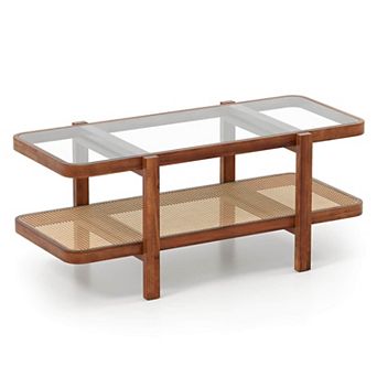 Costway 2 tier Rustic Coffee Table with Storage Tempered Glass Tabletop PE Rattan Shelf