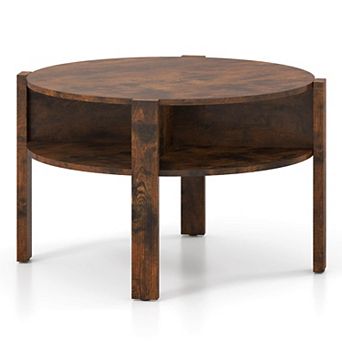 Costway 29.5" 2 tier Round Coffee Table with Storage 4 Shelves Faux Wooden Top