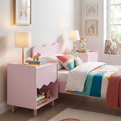Costway Kids Nightstand, Toddler Scalloped Side Table with Wide Top & Open Compartment