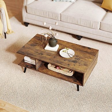 Costway 2-Tier Coffee Table with Compartments & Metal Legs Rectangle Tea Cocktail Table