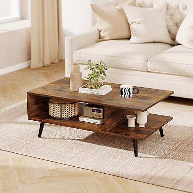 Costway 2-Tier Coffee Table with Compartments & Metal Legs Rectangle Tea Cocktail Table