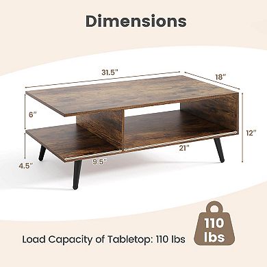 Costway 2-Tier Coffee Table with Compartments & Metal Legs Rectangle Tea Cocktail Table