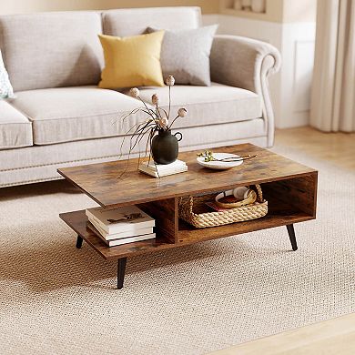 Costway 2-Tier Coffee Table with Compartments & Metal Legs Rectangle Tea Cocktail Table