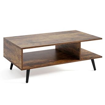 Costway 2 tier Coffee Table with Compartments & Metal Legs Rectangle Tea Cocktail Table