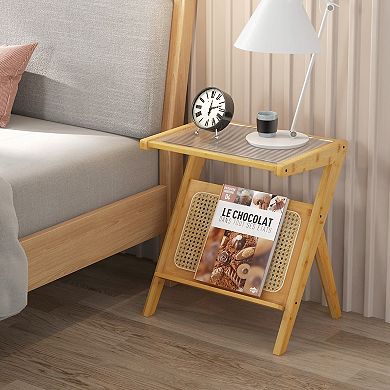 Costway Rattan Side Table Accent Bedside Table with Tempered Glass Top