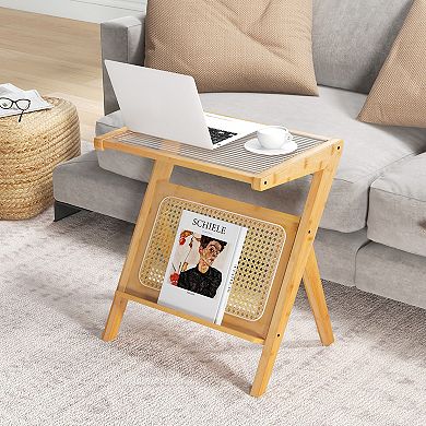 Costway Rattan Side Table Accent Bedside Table with Tempered Glass Top