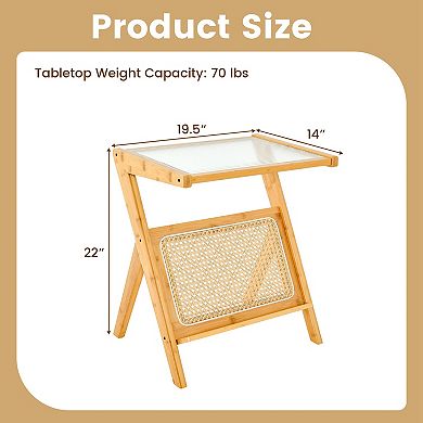 Costway Rattan Side Table Accent Bedside Table with Tempered Glass Top
