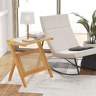 Costway Rattan Side Table Accent Bedside Table with Tempered Glass Top