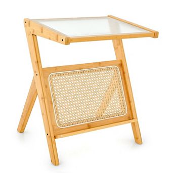 Costway Rattan Side Table Accent Bedside Table with Tempered Glass Top