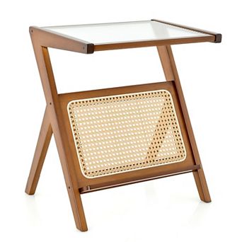 Costway Rattan Side Table Accent Bedside Table with Tempered Glass Top