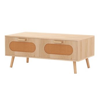 Costway Rattan Coffee Table Mid Century Modern Center Table with 2 Storage Drawers