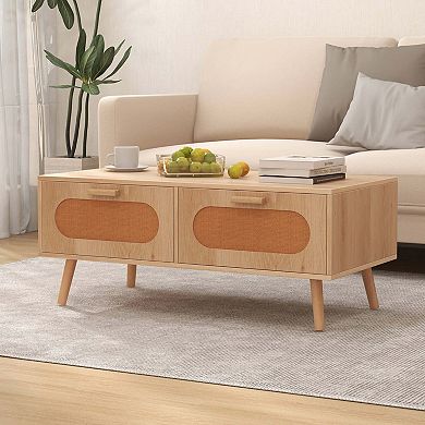 Costway Rattan Coffee Table Mid Century Modern Center Table with 2 Storage Drawers