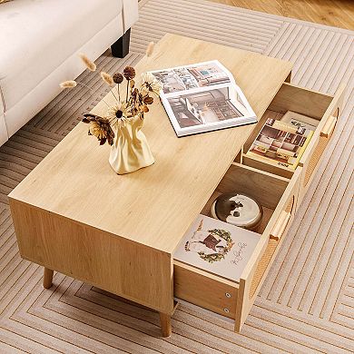 Costway Rattan Coffee Table Mid Century Modern Center Table with 2 Storage Drawers