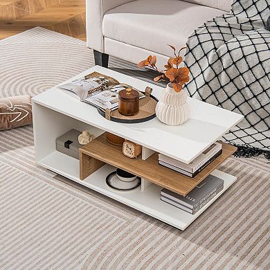Costway Geometric Coffee Table with Storage Shelves 3-Tier Rectangular Tea Table