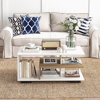 Costway Geometric Coffee Table with Storage Shelves 3-Tier Rectangular Tea Table