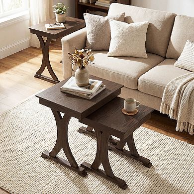 Costway 3PCS Nesting Coffee Table, Side Table with Solid Rubber Wood Legs for Living Room