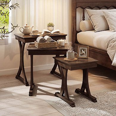 Costway 3PCS Nesting Coffee Table, Side Table with Solid Rubber Wood Legs for Living Room