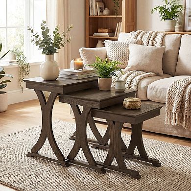 Costway 3PCS Nesting Coffee Table, Side Table with Solid Rubber Wood Legs for Living Room
