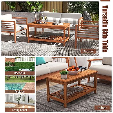 Costway Patio Coffee Table 2-Tier Outdoor Side Rectangle Side Table Solid Wood Porch