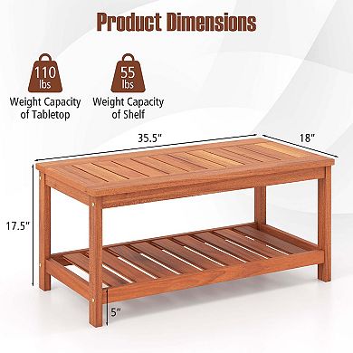 Costway Patio Coffee Table 2-Tier Outdoor Side Rectangle Side Table Solid Wood Porch