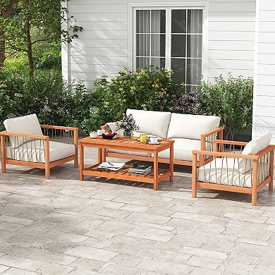 Costway Patio Coffee Table 2-Tier Outdoor Side Rectangle Side Table Solid Wood Porch