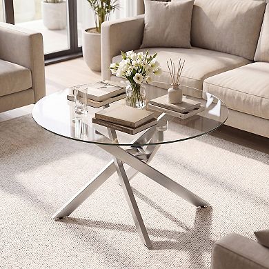 Costway 31.5” Glass Coffee Table with Tempered Glass Top & Geometric Metal Frame