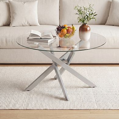 Costway 31.5” Glass Coffee Table with Tempered Glass Top & Geometric Metal Frame