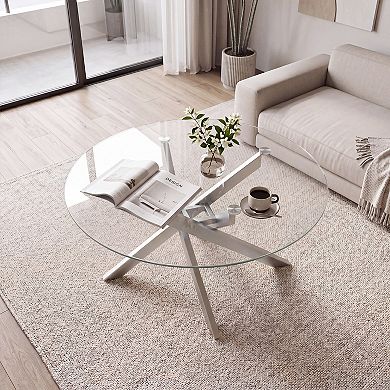Costway 31.5” Glass Coffee Table with Tempered Glass Top & Geometric Metal Frame