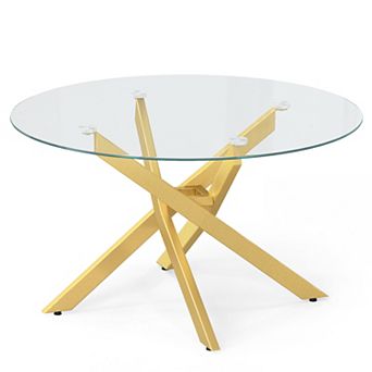 Costway 31.5” Glass Coffee Table with Tempered Glass Top & Geometric Metal Frame