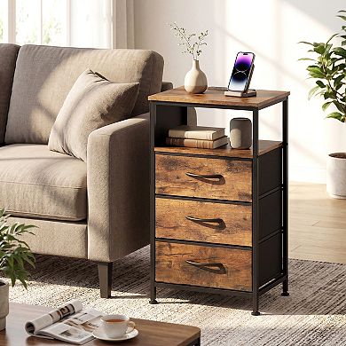 Costway Nightstand with Charging Station, 3 Fabric Drawers, Open Shelf & Side Pocket