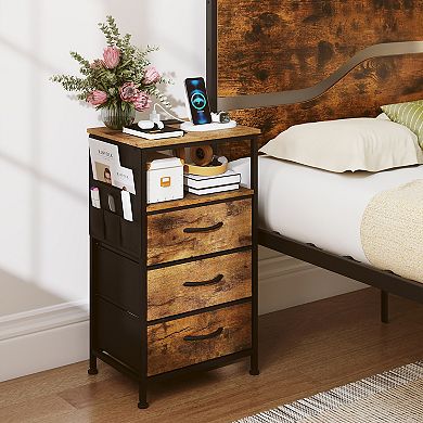 Costway Nightstand with Charging Station, 3 Fabric Drawers, Open Shelf & Side Pocket