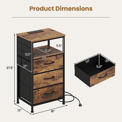 Costway Nightstand with Charging Station, 3 Fabric Drawers, Open Shelf & Side Pocket