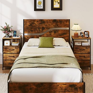 Costway Nightstand with Charging Station, 3 Fabric Drawers, Open Shelf & Side Pocket