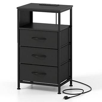 Costway Nightstand with Charging Station, 3 Fabric Drawers, Open Shelf & Side Pocket