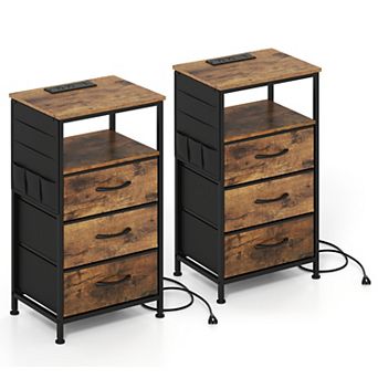 Costway Nightstand with Charging Station, 3 Fabric Drawers, Open Shelf & Side Pocket