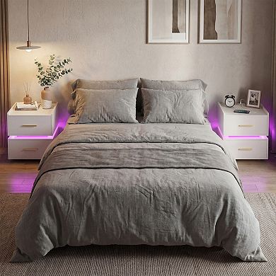 Costway Nightstand with Charging Station,LED Bedside Table with 2 Storage Drawers