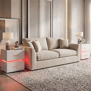 Costway Nightstand with Charging Station,LED Bedside Table with 2 Storage Drawers