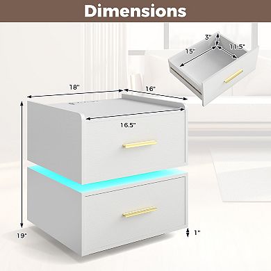 Costway Nightstand with Charging Station,LED Bedside Table with 2 Storage Drawers