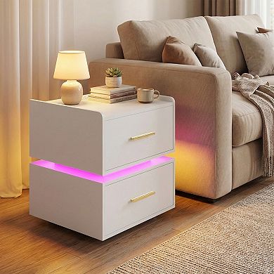 Costway Nightstand with Charging Station,LED Bedside Table with 2 Storage Drawers
