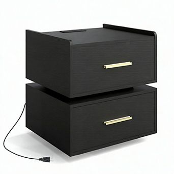 Costway Nightstand with Charging Station,LED Bedside Table with 2 Storage Drawers