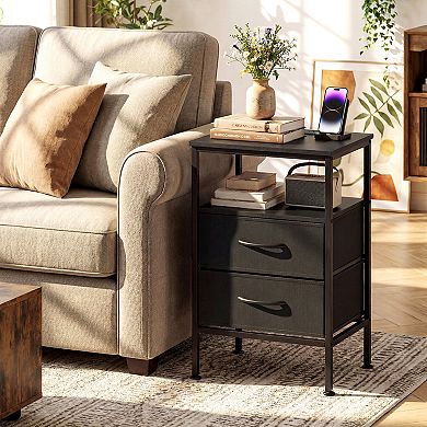 Costway Nightstand with Charging Station, 24.5" Modern Bedside Table with 2 Fabric Drawers