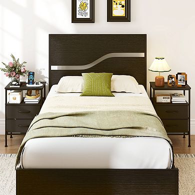 Costway Nightstand with Charging Station, 24.5" Modern Bedside Table with 2 Fabric Drawers