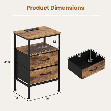 Costway Nightstand with Charging Station, 24.5" Modern Bedside Table with 2 Fabric Drawers