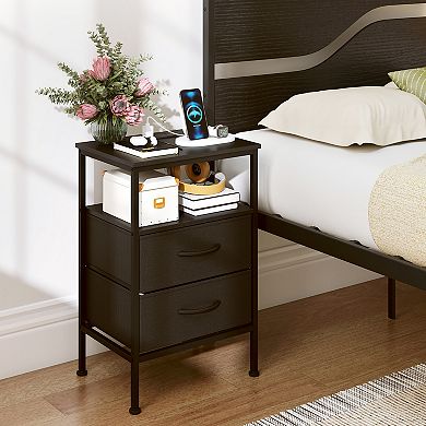 Costway Nightstand with Charging Station, 24.5" Modern Bedside Table with 2 Fabric Drawers