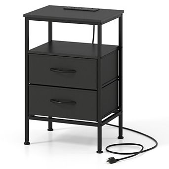 Costway Nightstand with Charging Station, 24.5" Modern Bedside Table with 2 Fabric Drawers