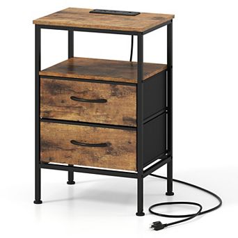 Costway Nightstand with Charging Station, 24.5" Modern Bedside Table with 2 Fabric Drawers