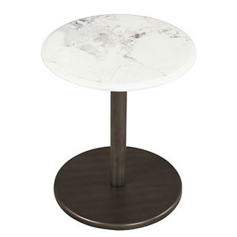 Costway Round Marble Side Table with Stone Finish & Wooden Base for Living Room Bedroom