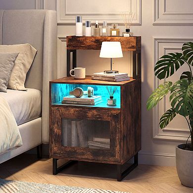Costway Nightstand with LED Lights, Modern End Table with Top Tray, Open Compartment