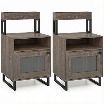 Costway Nightstand with LED Lights, Modern End Table with Top Tray, Open Compartment