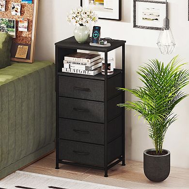 Costway Nightstand with Integrated Charging Station, 4 Fabric Drawers & Metal Frame